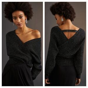 NEW Anthropologie Shimmer Surplice Wrap Sweater Black Metallic Silver Women's XS